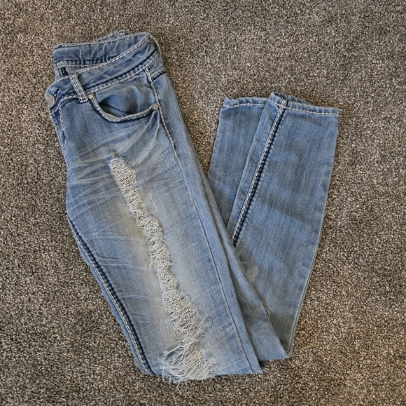 Women's Y2K 2000s Low Rise Ripped Distressed Light Wash Embellished Skinny Jeans - Picture 4 of 11